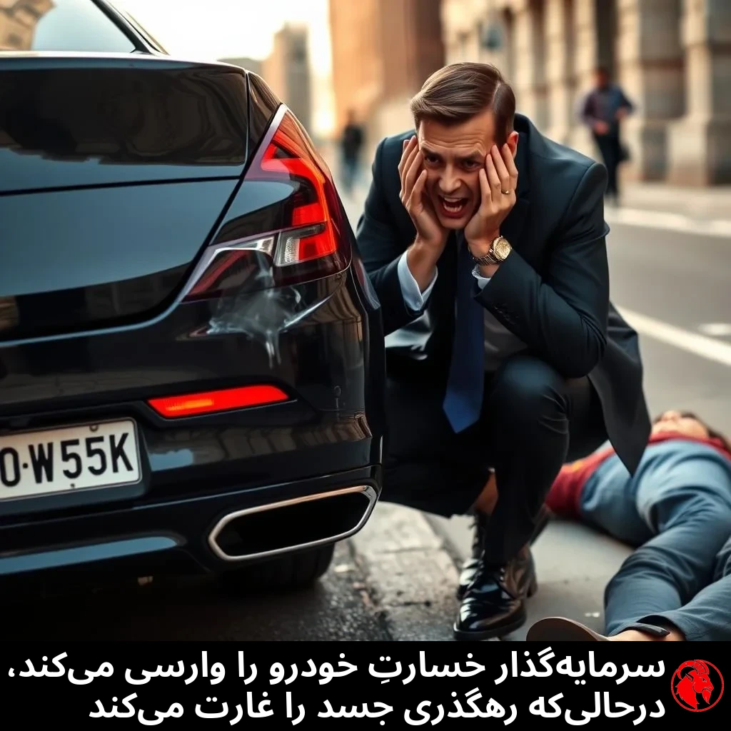 یک سرمایه‌گذارِ ثروتمند با کت‌وشلوارِ سرمه‌ایِ تیره، دست‌ها از پریشانی روی سر، کنارِ عقبِ یک سدانِ لوکس زانو زده که سپرش قری کوچک برداشته است. کنارش، آدمی با لباسِ معمولی روی آسفالت افتاده و نادیده گرفته شده. زیرنویس: سرمایه‌گذار آسیبِ خودرو را وارسی می‌کند، در همان حال رهگذری از جسد سرقت می‌کند.
