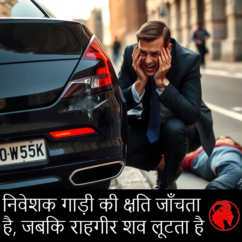 गहरे नेवी सूट में एक धनी निवेशक, हाथों से सिर थामे परेशान-हाल, एक आलीशान सेडान के पिछले हिस्से के पास घुटनों के बल बैठा है, जिसके बंपर पर एक छोटी-सी पिचक है। उसके बग़ल में फ़ुटपाथ पर सामान्य कपड़ों में एक व्यक्ति पड़ा है, जिसकी कोई परवाह नहीं कर रहा। कैप्शन: निवेशक गाड़ी का नुक़सान जाँच रहा है, जबकि राहगीर लाश को लूट रहा है।