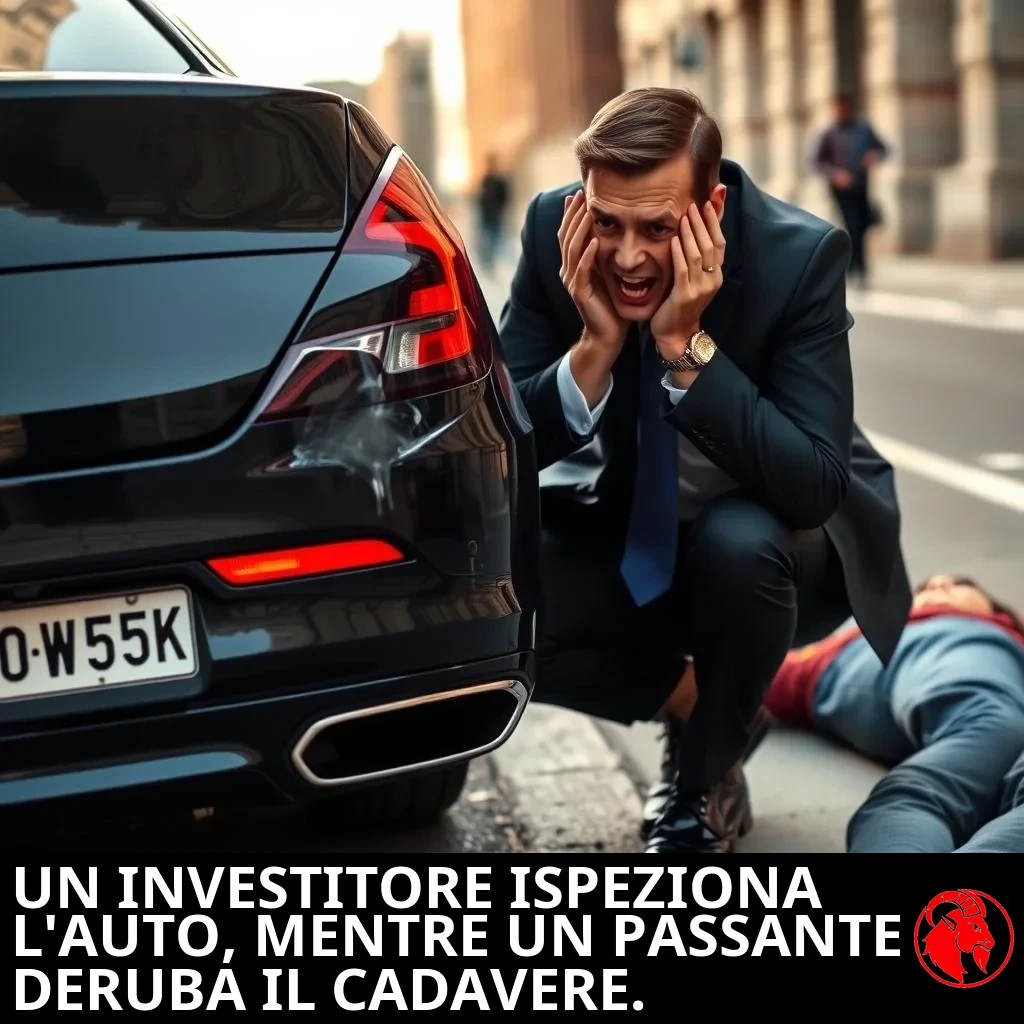 Un investitore facoltoso in abito blu scuro, le mani che si stringono la testa per la disperazione, inginocchiato accanto al posteriore di una sedan di lusso con una piccola ammaccatura sul paraurti. Accanto a lui sul marciapiede giace una persona vestita in modo casual, ignorata. Didascalia: l'investitore ispeziona i danni del veicolo, mentre un passante deruba il cadavere.