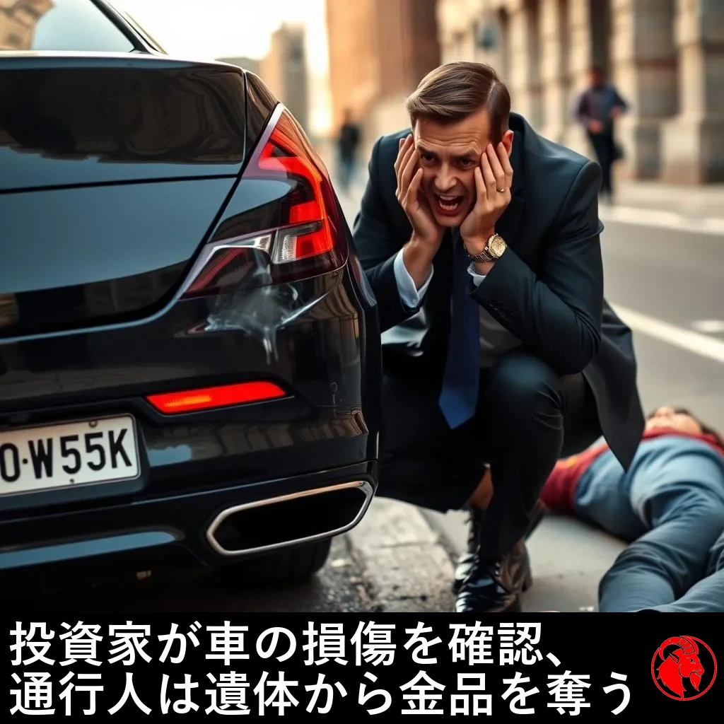 濃紺のスーツを着た裕福な投資家が、両手で頭を抱えて取り乱し、バンパーに小さなへこみのある高級セダンの後部のそばにひざまずいている。その傍ら、舗道には普段着の人物が横たわっているが、誰にも顧みられていない。キャプション：投資家が車の損傷を点検する一方、通行人は死体から金品を奪う。