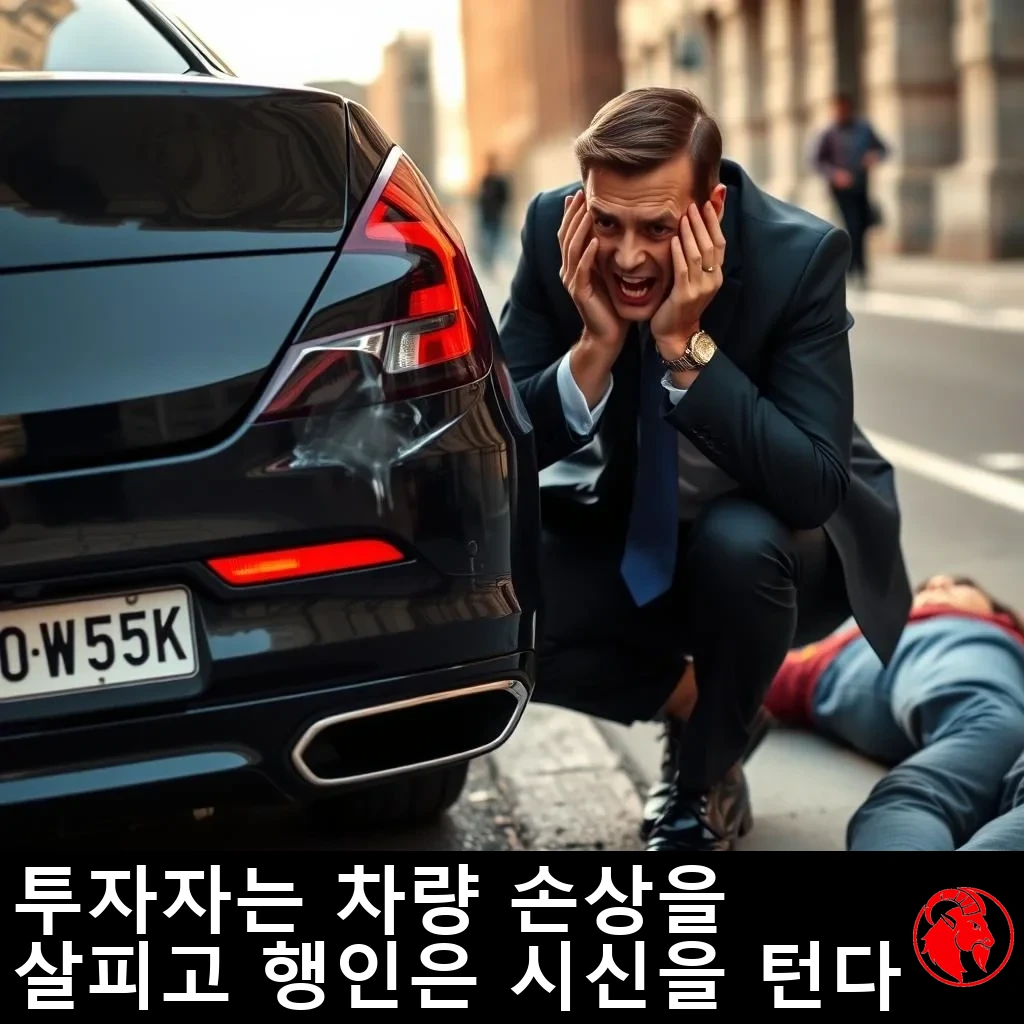 짙은 남색 정장을 입은 부유한 투자자가 두 손으로 머리를 움켜쥐고 괴로워하며, 범퍼에 작은 흠집이 난 고급 세단 뒷부분 옆에 무릎을 꿇고 있다. 그 옆 보도에는 평상복 차림의 사람이 누워 있지만 아무도 거들떠보지 않는다. 캡션: 투자자가 차량 손상을 살피는 사이, 행인이 시신을 턴다.