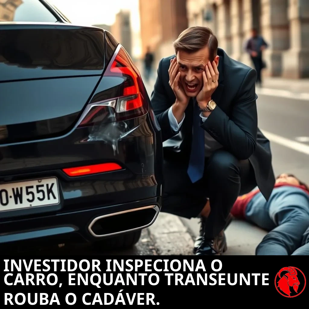 A wealthy investor in a dark navy suit, hands clutching his head in distress, kneels by the rear of a luxury sedan with a small dent on the bumper. A casually-dressed person lies on the pavement beside him, ignored. Caption: Investor inspects vehicle damage, while passerby robs dead body.