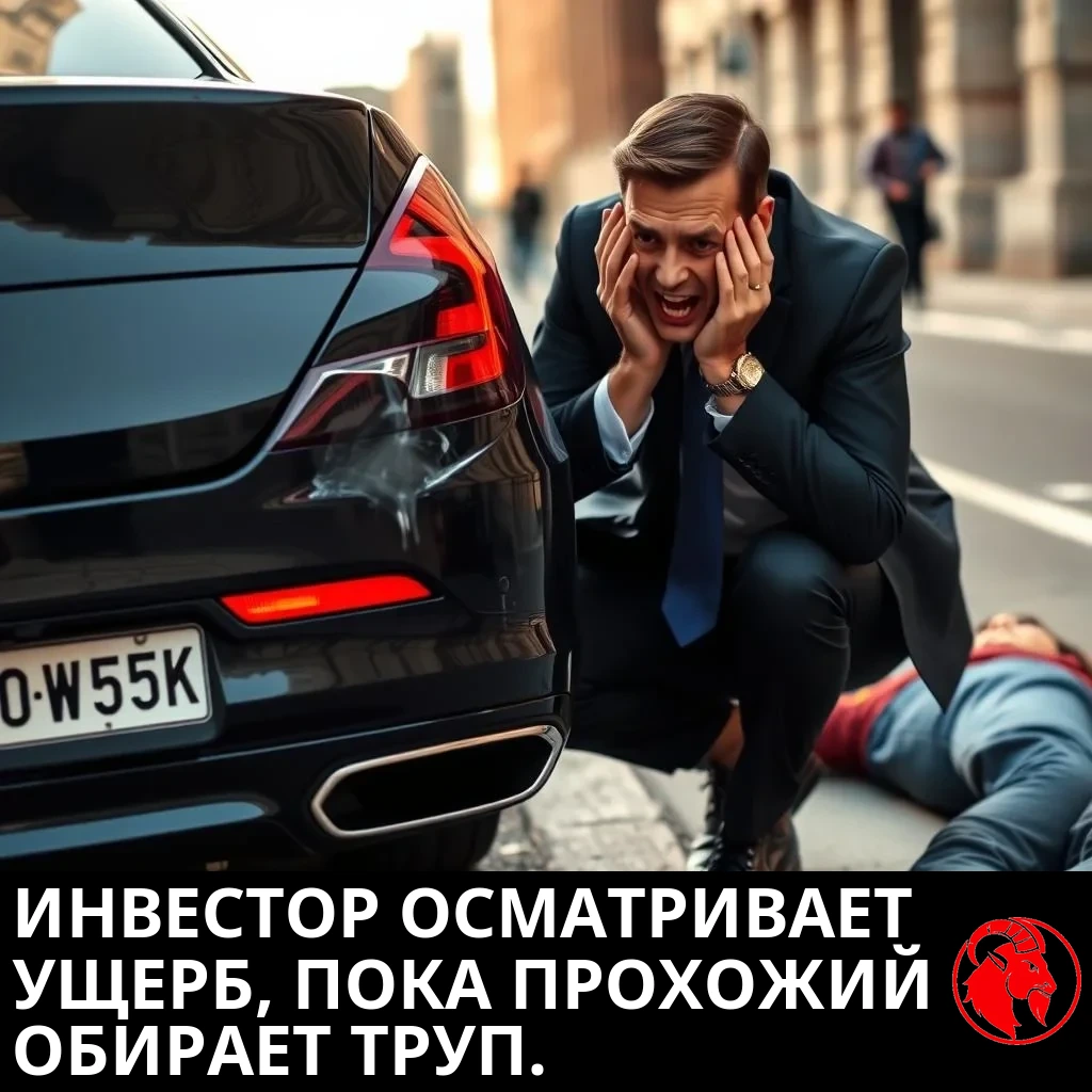 Состоятельный инвестор в тёмно-синем костюме, схватившись руками за голову в отчаянии, стоит на коленях у задней части роскошного седана с небольшой вмятиной на бампере. Рядом на тротуаре лежит человек в повседневной одежде, на которого никто не обращает внимания. Подпись: инвестор осматривает повреждения машины, пока прохожий обирает труп.