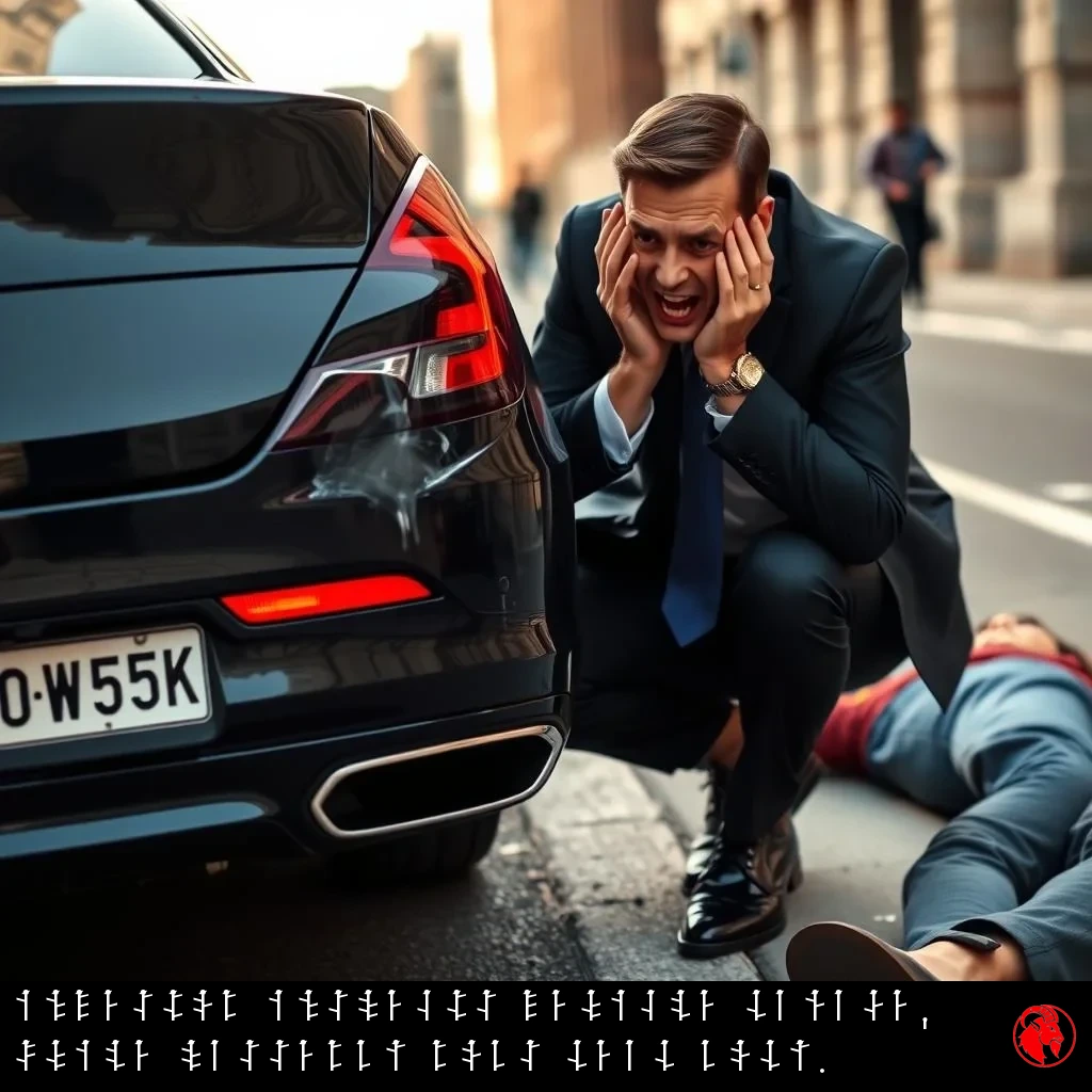 A wealthy investor in a dark navy suit, hands clutching his head in distress, kneels by the rear of a luxury sedan with a small dent on the bumper. A casually-dressed person lies on the pavement beside him, ignored. Caption: Investor inspects vehicle damage, while passerby robs dead body.