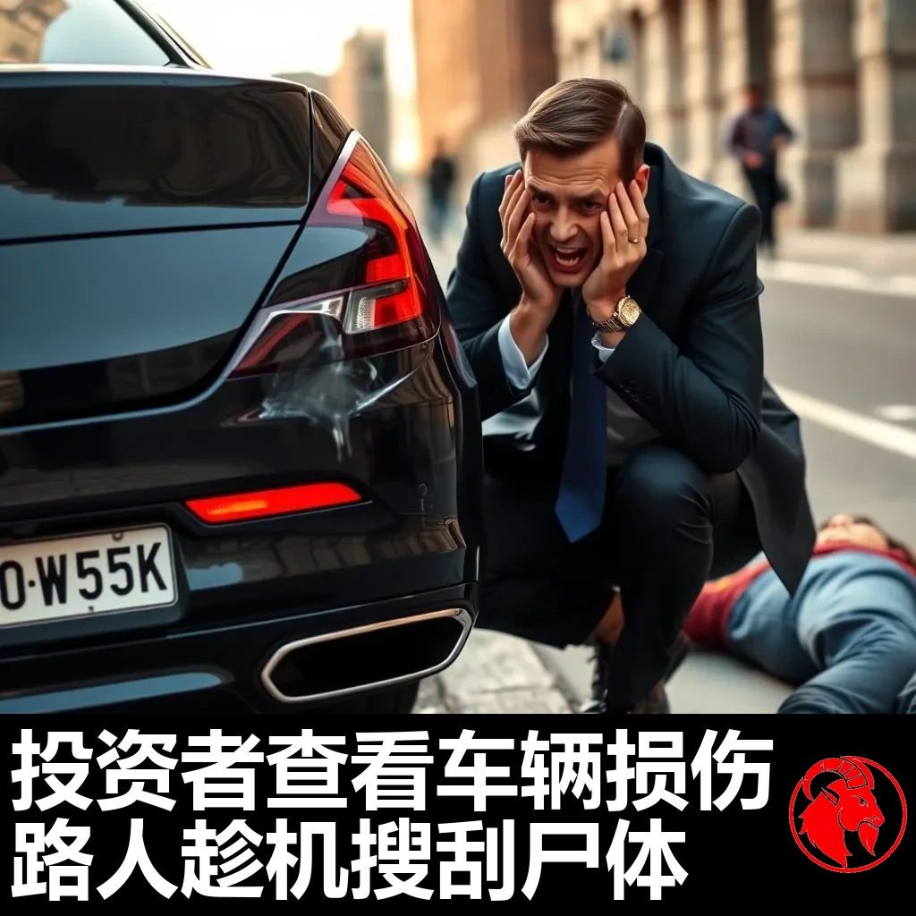 一位身着深藏青西装的富有投资者双手抱头、一脸痛苦地跪在一辆豪华轿车后部旁，保险杠上有一处小小的凹痕。身旁的人行道上躺着一个穿着随意的人，无人理会。字幕：投资者查看车辆损伤，而路人正在抢劫尸体。