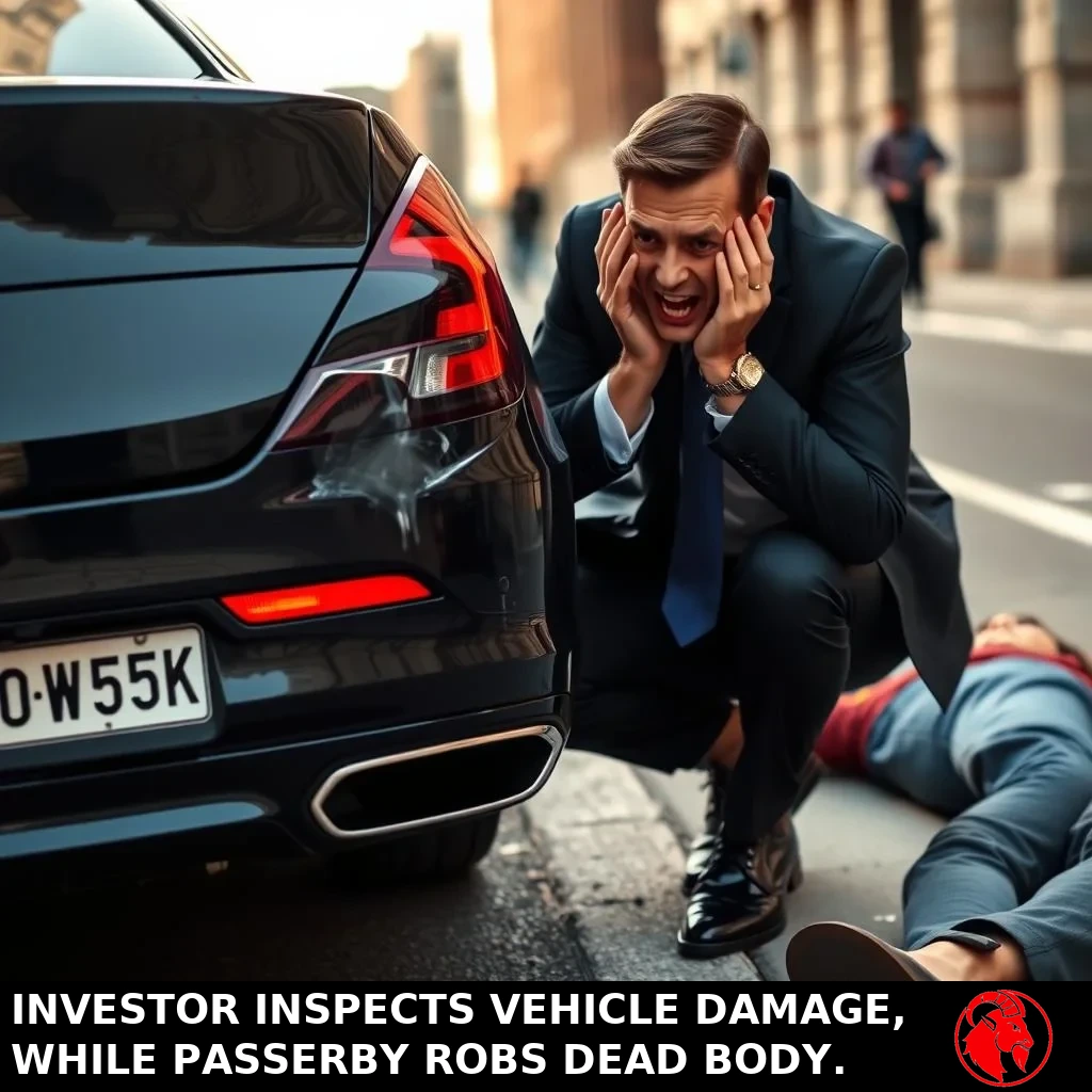 A wealthy investor in a dark navy suit, hands clutching his head in distress, kneels by the rear of a luxury sedan with a small dent on the bumper. A casually-dressed person lies on the pavement beside him, ignored. Caption: Investor inspects vehicle damage, while passerby robs dead body.