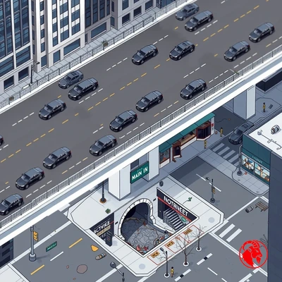Isometric planning rendering: Wall Street as an elevated overpass with luxury black sedans, over a shoddy Main Street with a sewer staircase where the road used to continue