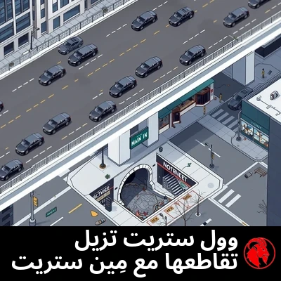 رسم تخطيطي جوي متساوي القياس لتقاطع وول ستريت ومِين ستريت بعد المشروع. تمتدّ وول ستريت في المستوى العلوي كجسر علوي أنيق مصقول، تسير عليه سيارات سيدان فاخرة سوداء لامعة، وحوله ناطحات سحاب جيدة الصيانة. تحت الجسر، مِين ستريت امتداد متهالك متشقّق من الإسفلت المكسور، وحيث كان الطريق يتابع سيره سابقاً يوجد الآن فتحة مجارٍ مظلمة.