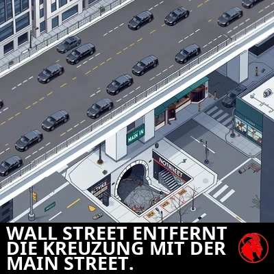 Isometrische Luftbild-Planungsdarstellung der Kreuzung von Wall und Main Street nach dem Projekt. Die Wall Street verläuft auf der oberen Ebene als saubere, polierte Hochstraße mit glänzenden schwarzen Luxuslimousinen und gepflegten Wolkenkratzern. Unter der Hochstraße ist die Main Street ein schäbiger, bröckelnder Streifen aus aufgebrochenem Asphalt mit einem dunklen Kanaleingang dort, wo die Straße einst weiterging.