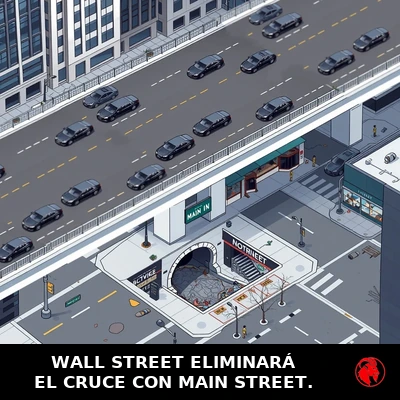 Isometric aerial planning rendering of the Wall and Main Street intersection after the project. Wall Street runs along the upper level as a clean polished elevated overpass with gleaming luxury black sedans and well-maintained skyscrapers. Below the overpass, Main Street is a shoddy crumbling stretch of broken pavement with a dark sewer entrance where the road used to continue.