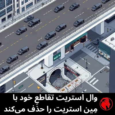 رندرِ برنامه‌ریزیِ هواییِ ایزومتریک از تقاطعِ خیابان‌های وال و مِین پس از اجرای پروژه. وال استریت در ترازِ بالایی همچون یک روگذرِ صیقلی و تمیز کشیده شده، با سدان‌های سیاهِ لوکسِ براق و آسمان‌خراش‌های سرحال. زیرِ روگذر، مِین استریت تکه‌ای درب‌وداغان از آسفالتِ شکسته است، با دهانهٔ تاریکِ یک فاضلاب همان‌جا که زمانی جاده ادامه داشت.