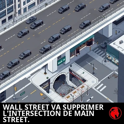 Isometric aerial planning rendering of the Wall and Main Street intersection after the project. Wall Street runs along the upper level as a clean polished elevated overpass with gleaming luxury black sedans and well-maintained skyscrapers. Below the overpass, Main Street is a shoddy crumbling stretch of broken pavement with a dark sewer entrance where the road used to continue.