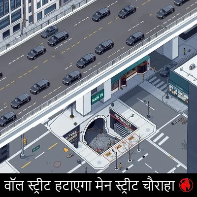 परियोजना पूरी होने के बाद वॉल और मेन स्ट्रीट के चौराहे का सम-दूरीय (आइसोमेट्रिक) हवाई नियोजन चित्र। वॉल स्ट्रीट ऊपरी तल पर एक साफ़-सुथरे, चमकदार ऊँचे ओवरपास के रूप में चलती है, जिस पर चमचमाती आलीशान काली सेडान गाड़ियाँ और भली-भाँति रखी-रखाई गगनचुंबी इमारतें हैं। ओवरपास के नीचे, मेन स्ट्रीट टूटी-फूटी, बदहाल सड़क का एक हिस्सा है, जहाँ पहले सड़क आगे जाती थी वहाँ अब एक अँधेरा नाली का मुहाना है।