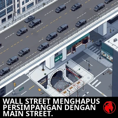 Render perencanaan udara isometrik persimpangan Wall dan Main Street setelah proyek. Wall Street membentang di tingkat atas sebagai jalan layang bersih mengilap dengan sedan hitam mewah berkilau dan gedung pencakar langit terawat. Di bawah jalan layang, Main Street adalah ruas jalan rusak retak-retak, dengan mulut gorong-gorong gelap tempat jalan dulunya berlanjut.