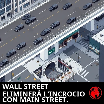 Rendering urbanistico aereo isometrico dell'incrocio tra Wall e Main Street dopo il progetto. Wall Street corre sul livello superiore come un cavalcavia pulito e lucido con sedan nere di lusso scintillanti e grattacieli ben tenuti. Sotto il cavalcavia, Main Street è un tratto malridotto e fatiscente di asfalto crepato, con un'oscura bocca di fogna dove la strada un tempo proseguiva.