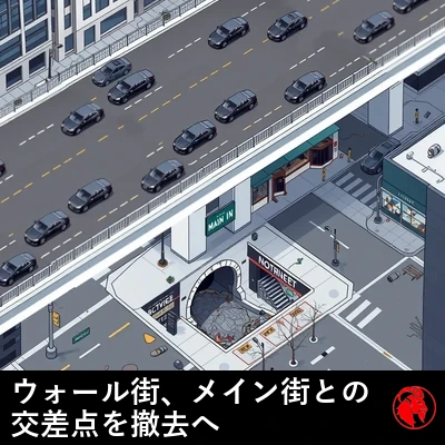 プロジェクト完成後のウォール街とメインストリートの交差点を描いた等角投影の航空計画図。ウォール街は上層を、ピカピカに磨かれた清潔な高架として走り、光沢のある黒い高級セダンと手入れの行き届いた摩天楼が並ぶ。高架の下では、メインストリートは割れた舗装のみすぼらしく崩れかけた一帯で、かつて道が続いていた場所には今や暗い下水道の入り口がある。