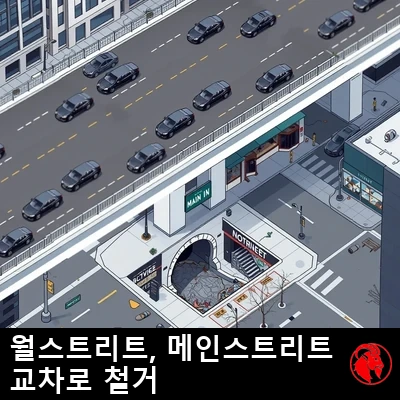 프로젝트 완료 후 월스트리트와 메인스트리트 교차로를 그린 등각 투영 항공 계획 조감도. 월스트리트는 위층을 깨끗하고 매끈한 고가도로로 달리며, 번쩍이는 검은 고급 세단과 잘 관리된 마천루가 늘어서 있다. 고가도로 아래 메인스트리트는 깨진 포장이 부서져 내린 초라한 구간이고, 도로가 이어지던 자리에는 이제 어두운 하수구 입구가 있다.