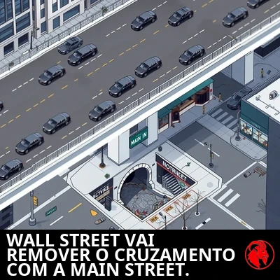 Isometric aerial planning rendering of the Wall and Main Street intersection after the project. Wall Street runs along the upper level as a clean polished elevated overpass with gleaming luxury black sedans and well-maintained skyscrapers. Below the overpass, Main Street is a shoddy crumbling stretch of broken pavement with a dark sewer entrance where the road used to continue.