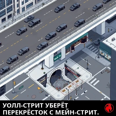 Изометрический аэроплановый эскиз перекрёстка Уолл-стрит и Мейн-стрит после проекта. Уолл-стрит проходит по верхнему уровню чистой отполированной эстакадой с блестящими роскошными чёрными седанами и ухоженными небоскрёбами. Под эстакадой Мейн-стрит — убогий растрескавшийся отрезок разбитого асфальта, а там, где дорога раньше продолжалась, теперь тёмный вход в канализацию.