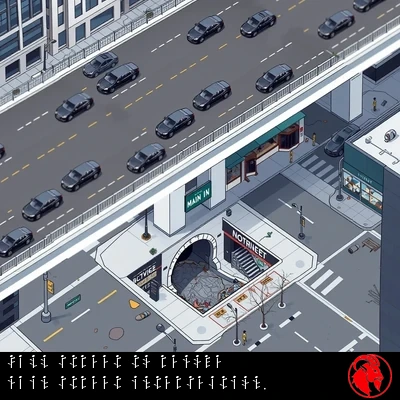Isometric aerial planning rendering of the Wall and Main Street intersection after the project. Wall Street runs along the upper level as a clean polished elevated overpass with gleaming luxury black sedans and well-maintained skyscrapers. Below the overpass, Main Street is a shoddy crumbling stretch of broken pavement with a dark sewer entrance where the road used to continue.