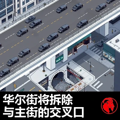 项目完成后华尔街与主街交叉口的等距鸟瞰规划效果图。华尔街在上层延伸，是一条干净光亮的高架天桥，停着锃亮的豪华黑色轿车，两旁是维护良好的摩天大楼。天桥之下，主街是一段破败开裂的烂路，原本道路延续的地方如今是一个黑漆漆的下水道入口。