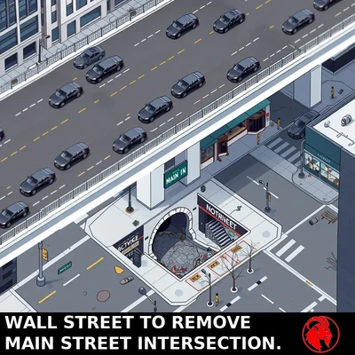 Isometric aerial planning rendering of the Wall and Main Street intersection after the project. Wall Street runs along the upper level as a clean polished elevated overpass with gleaming luxury black sedans and well-maintained skyscrapers. Below the overpass, Main Street is a shoddy crumbling stretch of broken pavement with a dark sewer entrance where the road used to continue.
