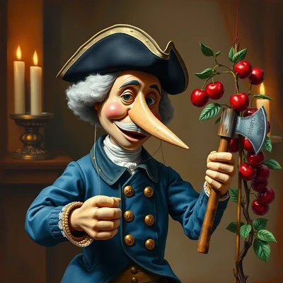 George Washington as a wooden Pinocchio marionette with a long nose, in a tricorn hat and blue Continental coat, chopping down a cherry tree with a hatchet