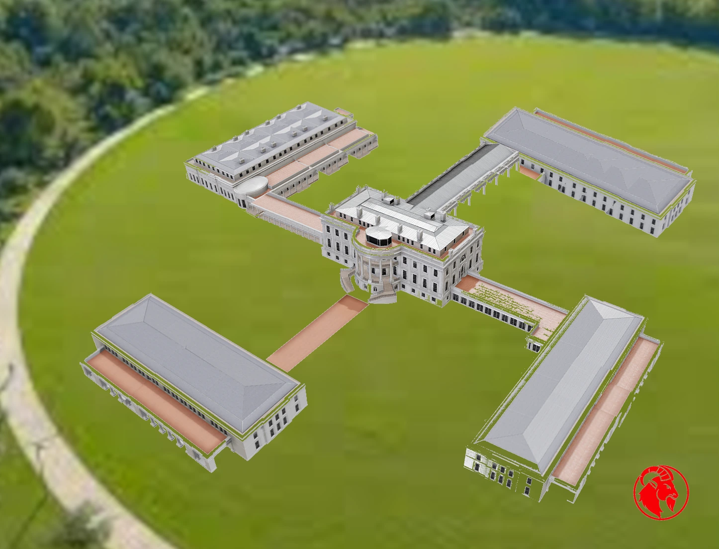 The White House rendered as a balanced four-winged complex