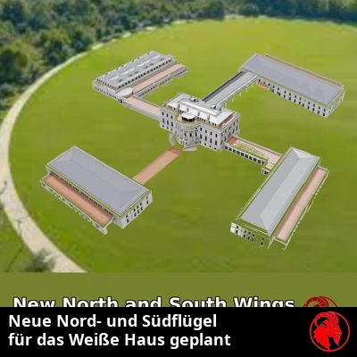 Architektonische Luftbildvisualisierung des geplanten Vierfl&uuml;gel-Ausbaus des Wei&szlig;en Hauses mit Titelunterschrift