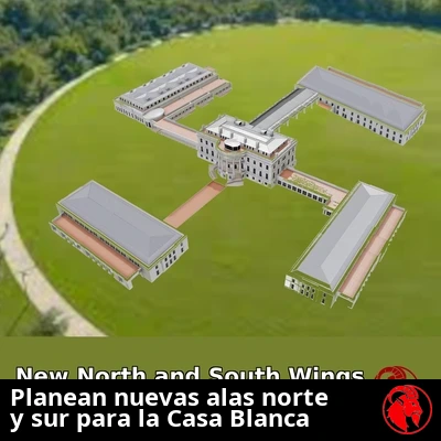 Recreación arquitectónica aérea de la propuesta de ampliación de la Casa Blanca con sus cuatro alas y el rótulo del titular