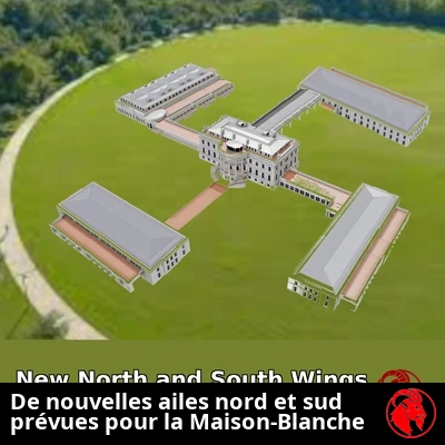 Vue aérienne du projet d'agrandissement de la Maison-Blanche à quatre ailes, avec titre en bandeau