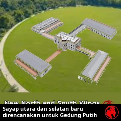 Render arsitektur dari udara untuk usulan perluasan empat sayap Gedung Putih, dengan keterangan judul