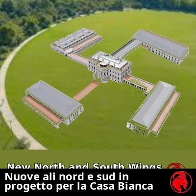 Rendering architettonico aereo della proposta di ampliamento della Casa Bianca a quattro ali, con didascalia del titolo