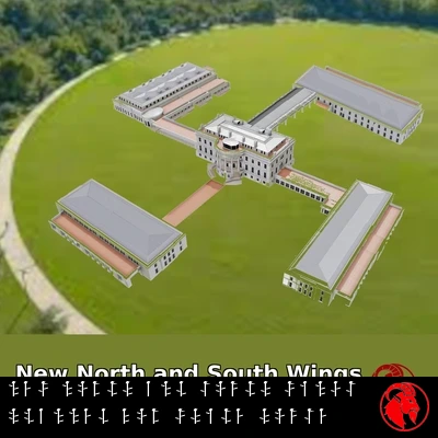 Aerial architectural rendering of the proposed White House four-wing expansion