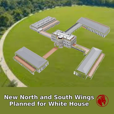 Aerial architectural rendering of the proposed White House four-wing expansion with title caption