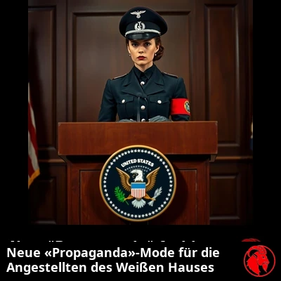 Weibliche Pressesprecherin des Wei&szlig;en Hauses an einem Rednerpult mit dem Siegel des US-Pr&auml;sidenten, in der neuen „Propaganda