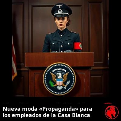 Secretaria de prensa de la Casa Blanca ante un atril con el sello presidencial de los Estados Unidos, vistiendo el nuevo uniforme de «Propaganda»