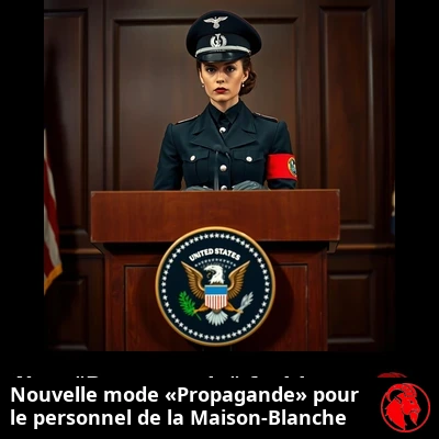 Une porte-parole de la Maison-Blanche à un pupitre portant le sceau présidentiel des États-Unis, vêtue du nouvel uniforme «Propagande»