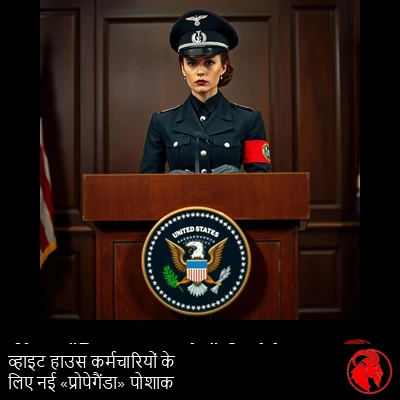 संयुक्त राज्य राष्ट्रपति की मुहर वाले मंच पर खड़ी एक महिला व्हाइट हाउस प्रेस सचिव, जो नई &lsquo;प्रोपेगैंडा&rsquo; वर्दी पहने है