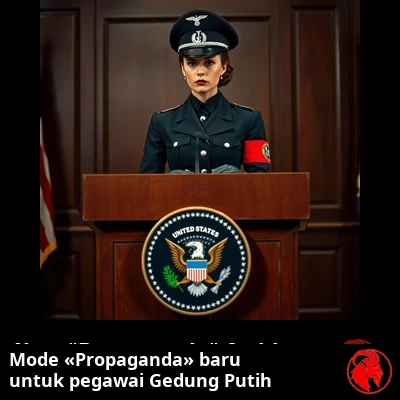 Sekretaris pers perempuan Gedung Putih di mimbar berlambang segel kepresidenan Amerika Serikat, mengenakan seragam 'Propaganda' baru