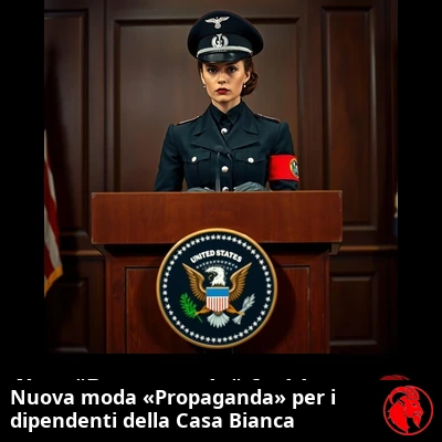 Portavoce donna della Casa Bianca a un leggio con il sigillo presidenziale degli Stati Uniti, indossa la nuova uniforme da «Propaganda»