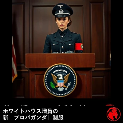 アメリカ大統領紋章をあしらった演壇に立つ女性のホワイトハウス報道官。新しい「プロパガンダ」制服を着用している
