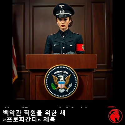 미국 대통령 문장이 새겨진 연단에 선 백악관 여성 대변인이 새 「선전」 제복을 입고 있는 모습