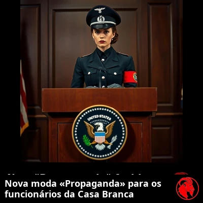 Secretária de imprensa da Casa Branca em um púlpito com o selo presidencial dos Estados Unidos, vestindo o novo uniforme de «Propaganda»