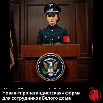 Женщина-пресс-секретарь Белого дома за трибуной с президентской печатью США, в новой форме «Пропаганда»