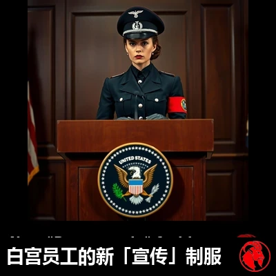 一名女性白宫新闻发言人站在印有美国总统徽章的讲台后，身着崭新的「宣传」制服
