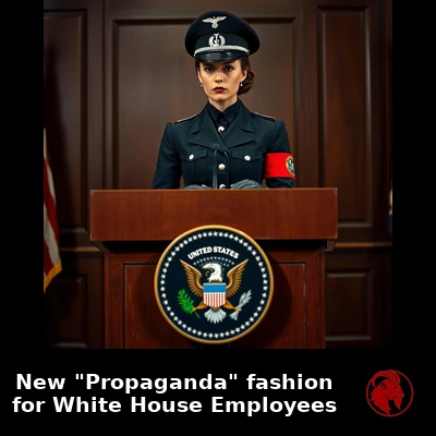 Female White House press secretary at a podium bearing the United States presidential seal, wearing the new 'Propaganda' uniform