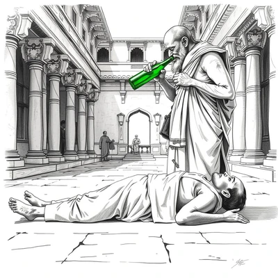 A devotee in classical Indian engraving style grasping the feet of his guru in reverence, while the guru drinks from a vivid green beer bottle, the only colored element in an otherwise grayscale image
