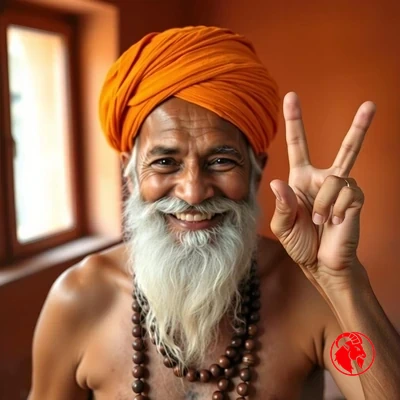 Yogi Bare, the columnist, bare-chested in a saffron turban and prayer beads, smiling and raising a peace sign
