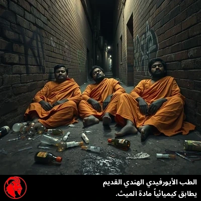 ثلاثة من النسّاك الهنود الساذو رثّي الهيئة بأثواب زعفرانية متّسخة منهارون مستندين إلى جدار زقاق مغطّى بالكتابات الجدارية تحت مصباح شارع وحيد، يبدون منتشين ومذهولين، وحطام وأدوات تعاطي مخدّرات متناثرة على الرصيف المبلّل